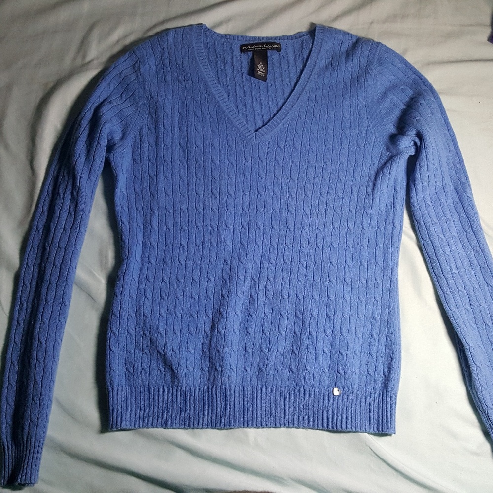 Marina Luna blue cabled cashmere V-neck sweater M